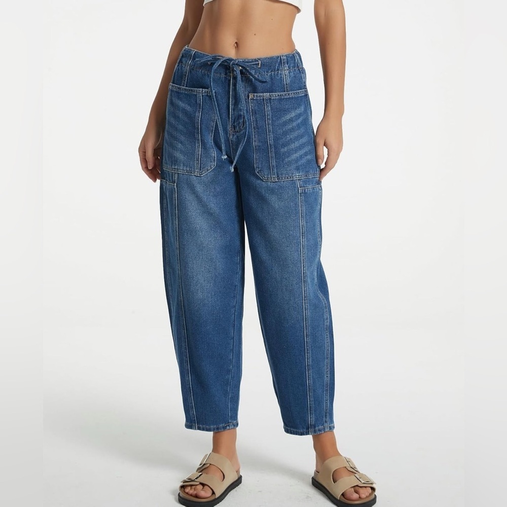 Women's Blue High-Waisted Tie Front Barrel Horseshoe Jeans Size Medium